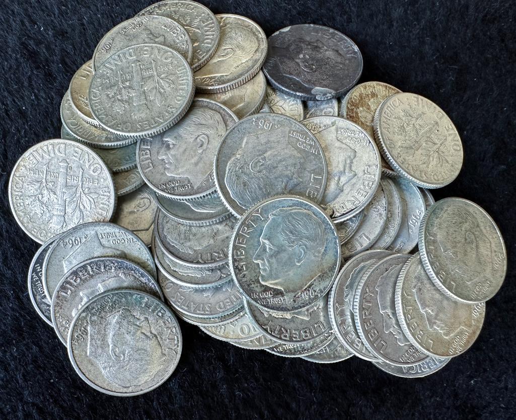 (50) 1946-1964 Roosevelt Dimes US Coins 90% Silver (1 of 1)