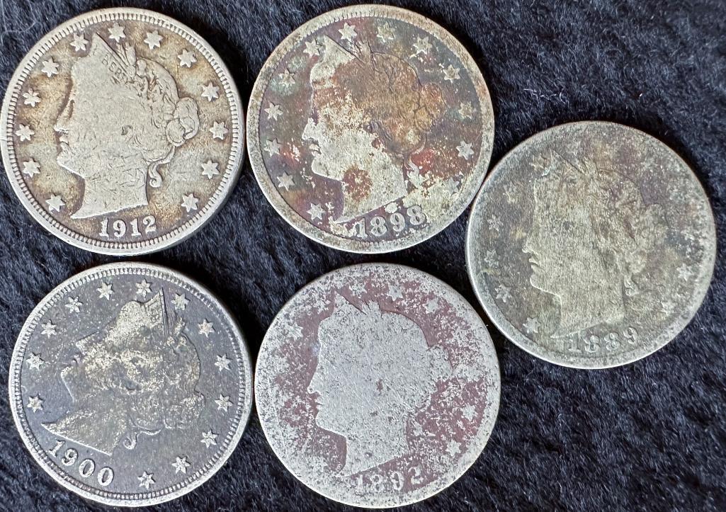 (5) Liberty Head V Nickels 1912 1898 1900 1889 1892 (1 of 2)