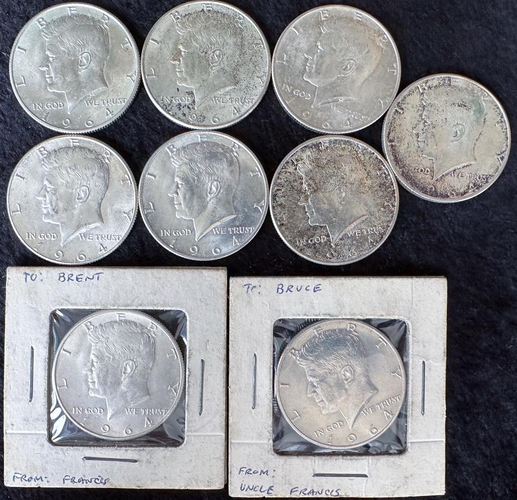 (9) 1964 Kennedy Half Dollars US Coins 90% Silver (1 of 1)