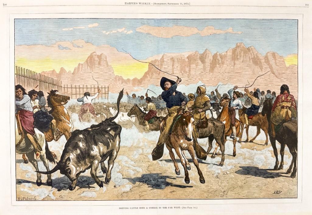 Harpers Weekly Engraving Hand Colored, Driving Cattle into a Corral, Sept. 11, 1875 (1 of 8)