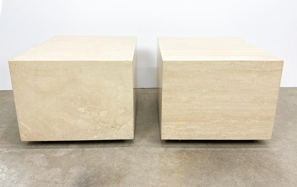 Pair Late Century Postmodern Travertine Side Tables (1 of 10)