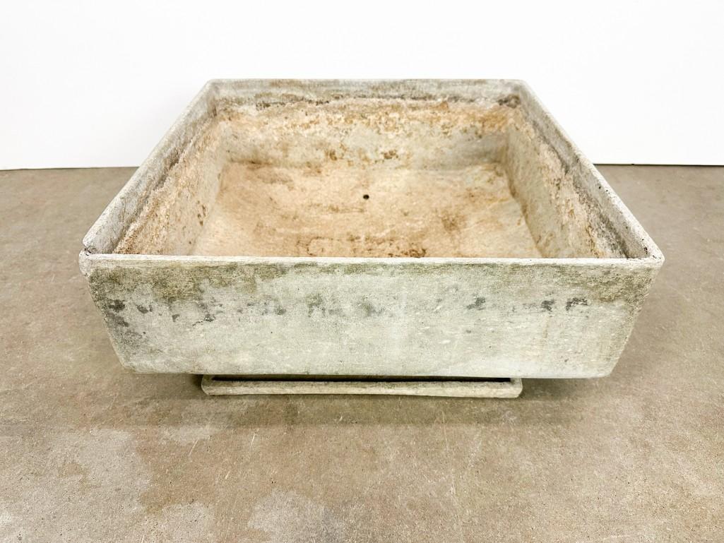 Willy Guhl (1915-2004) Vintage Mid Century Square Planter With Saucer: Damage to corner (see photos). Approx. 7.75 in. H x 19 in. W x 19 in. D. Weight 26.7 lbs.