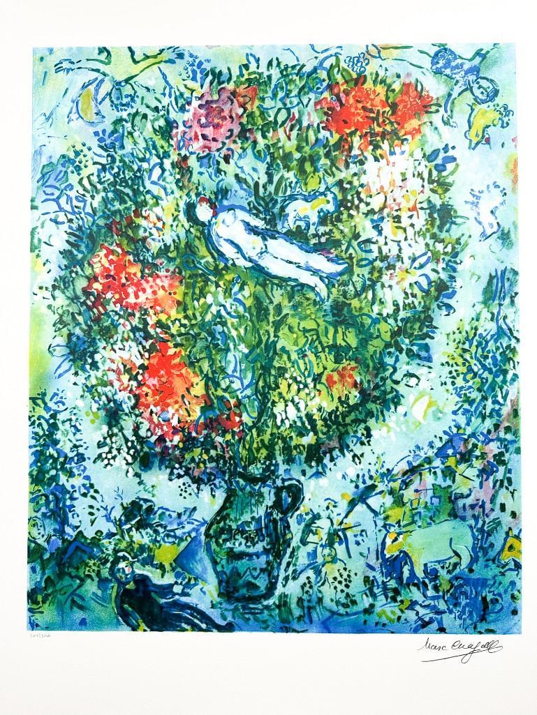 Marc Chagall Lithograph Ed. 107/300 Nude Floating In A Vase: Nude Floating in a Vase. Original lithograph in color print. Signed in print and numbered 107 of 300 lower left. Approx. 29.75 in. H x 21.75 in. W.