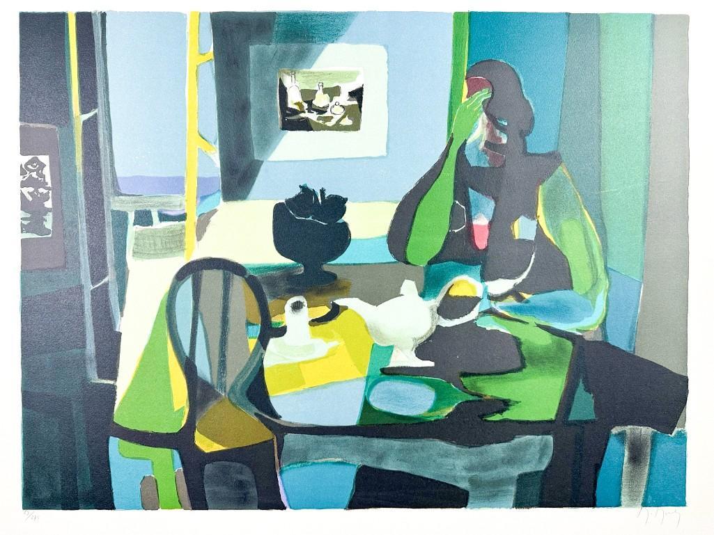 Marcel Mouly (1918-2008) Signed Lithograph Ed. 63/275, At The Table: At The Table, lithograph in colors. Signed in pencil lower right and numbered 63 of 275 lower left. Unframed. Light discoloration from previous mat. Tape residue on back top edge with transfer to fron