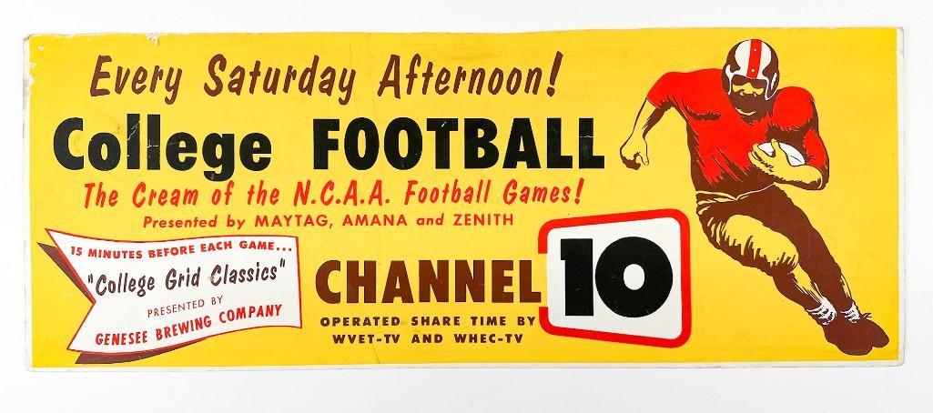 Vintage Printed Football Game Advertisement COLLEGE FOOTBALL CHANNEL 10: Printed on card. Wear to edges. Scuffing and marks. Approx. 10.75 in. x 28 in. W.