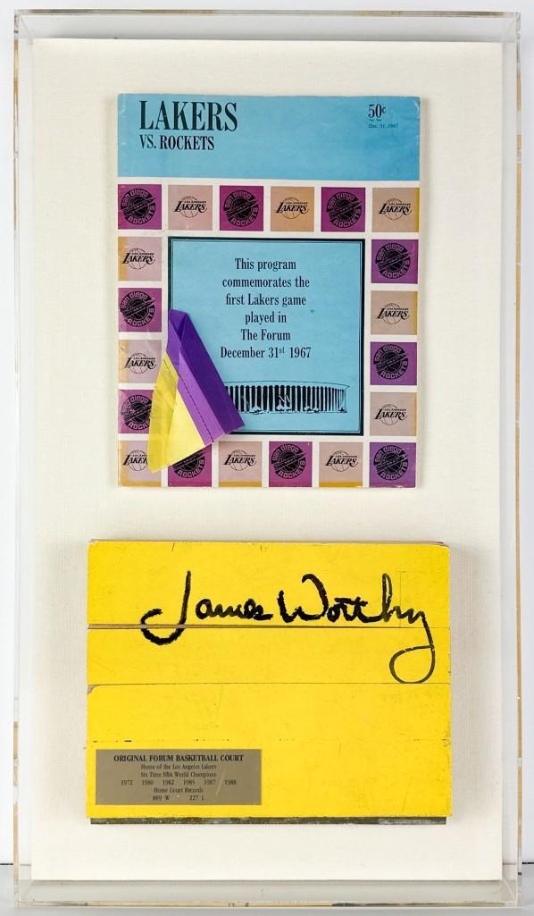 Los Angeles Lakers James Worthy Signed Forum Basketball Court Floor w/ 1967 Program (1 of 6)