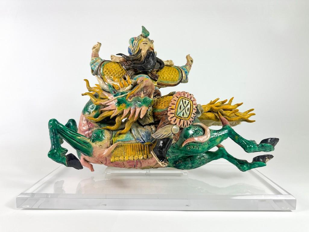 Chinese Roof Tile Man on Dragon: Man on Dragon. Mounted to acrylic base. Approx. 14.25 in. H x 19 in. W x 10.5 in. D. Weight 23.5 lbs.