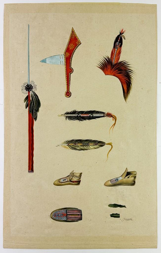 Hanumann Gouache on Paper After Karl Bodmer American Indian Tools: Discoloration on edges from previous mat. Paper approx. 22.5 x 14 in.