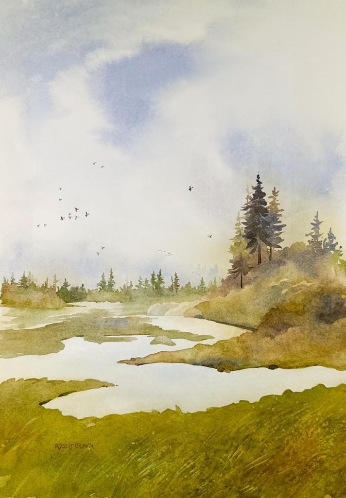 Robert Brown (20th C) Watercolor, First Pass (New Lake, Oregon), c. 2000: Minus Tide, c. 2000, signed lower right "Robert Brown". Approx. 13 x 18 in. (image). Provenance: Rogue's Gallery, 29975 Harbor Way, Gold Beach, Ore