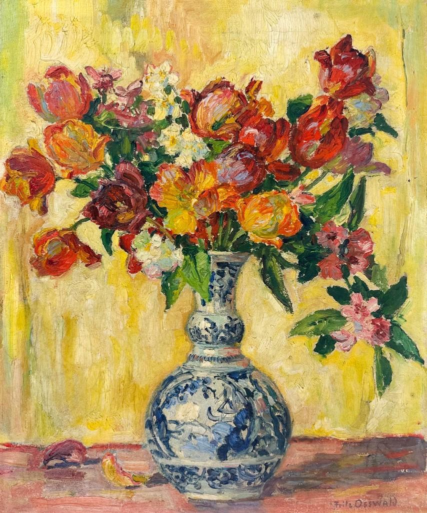 Fritz Osswald (1878-1966) Oil on Canvas Tulips: Signed lower right. Signed and titled on back. Approx. 22.5 in. H x 18.5 in. W x .75 in. D. Weight 2.2 lbs.