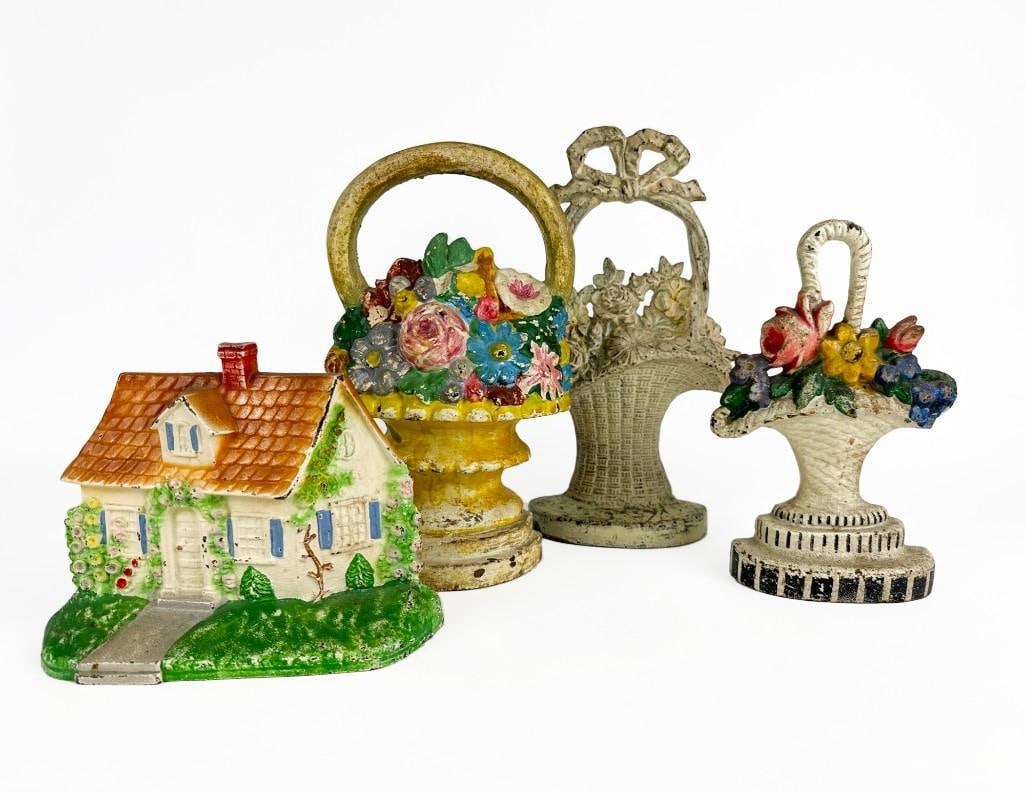 Lot of 4 Vintage Cast Iron Door Stops Country Cottage and Bouquets (1 of 14)
