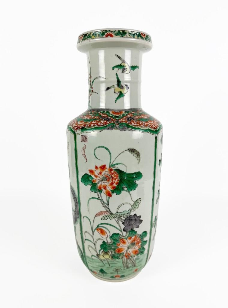 Early Republic Chinese Famille Verte Kangxi Mallet Vase: Early Republic Chinese Famille Verte Kangxi Mallet Vase. Early Republic period porcelain vase. Drilled out for use as lamp. No chips, cracks or repairs. Approx. 18 in H. x 7 in. Dia. Weight 6.2 lbs.