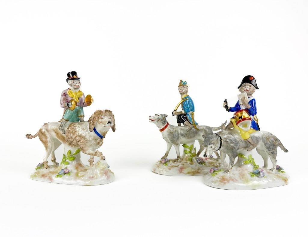 Group of 3 Antique Bourdois & Bloch Paris Porcelain Circus Monkeys Riding Dogs: Group of 3 Antique Bourdois & Bloch Paris Porcelain Circus Monkeys Riding Dogs. Group of 3 Antique Bourdois & Bloch porcelain circus monkeys riding dogs. Made in Paris pre 1920. Marked with Bourdois &