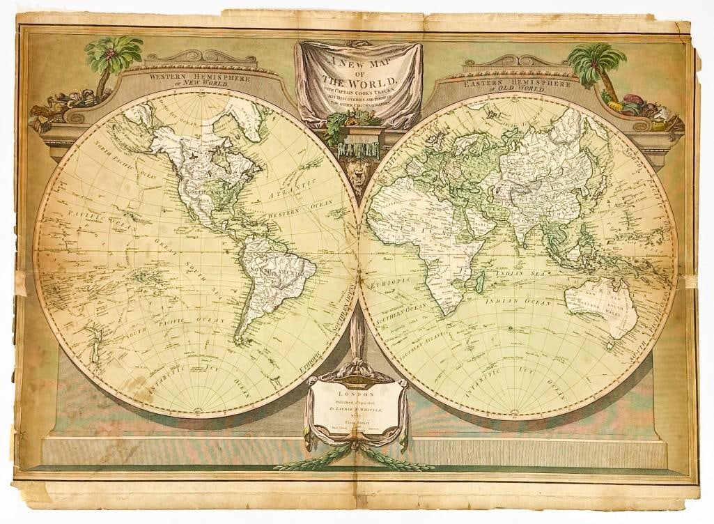 1808 New Map of The World with Captain Cook's Tracks by Laurie and Whittle: 1808 New Map of The World with Captain Cook's Tracks by Laurie and Whittle. Wear and paper loss to edges. Tape residue on back center and edges. Discoloration and foxing throughout. Approx. 20.75 in. 