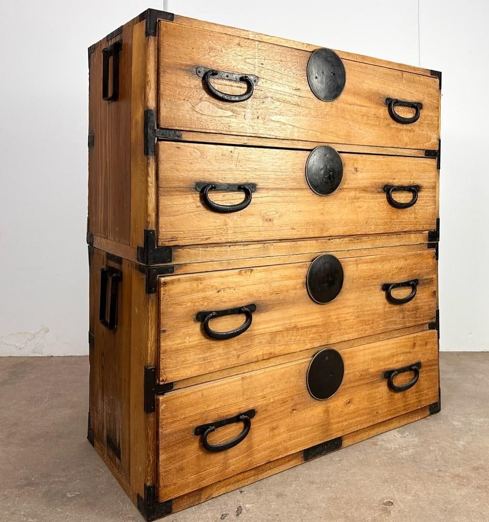 Japanese Tansu Chest: Japanese Tansu Chest. Stacking tansu chests. 2 drawers each. Good condition with water rings on top, Minor scuffs and scratches throughout. Approx. 38 in. H x 36 in. W x 15.5 in. D. Weight 56 lbs.