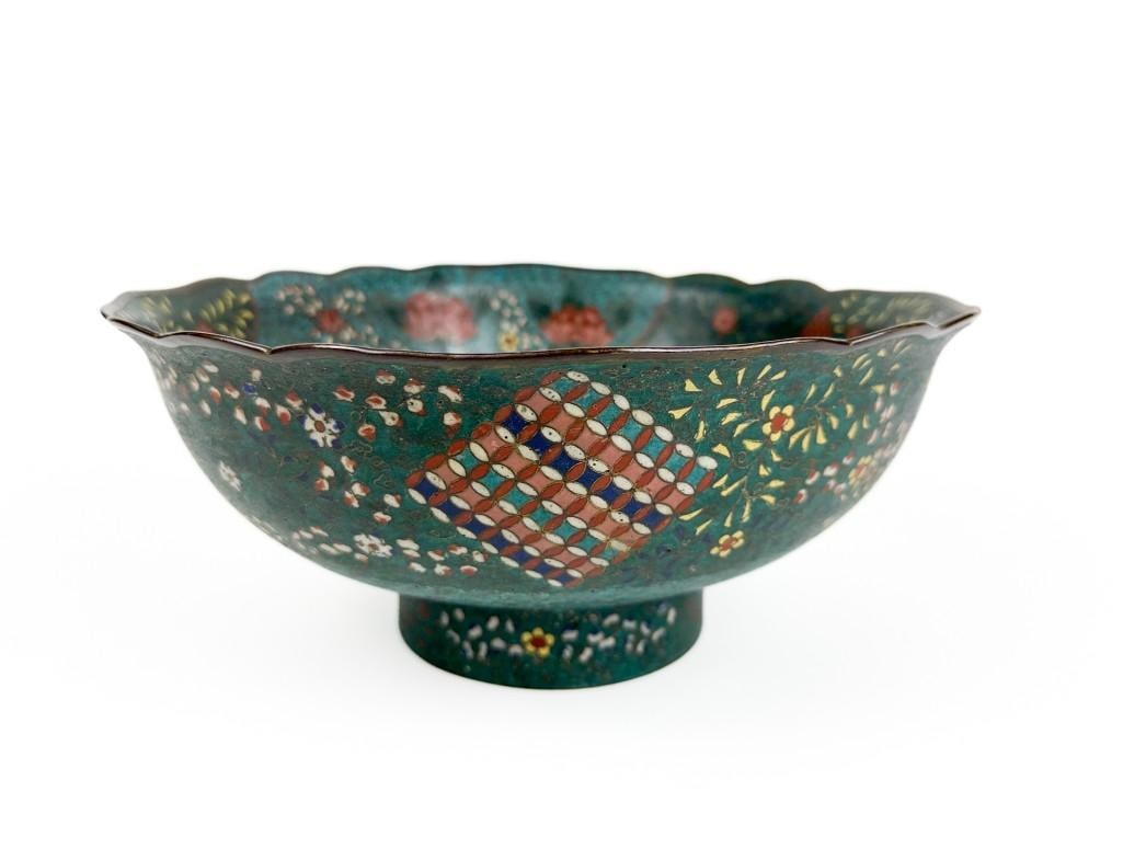 Chinese Lotus Petal Cloisonne Bowl 2nd Half 19th Century: Chinese Lotus Petal Cloisonne Bowl 2nd Half 19th Century. Loss of several enamel inside and outside bottom of bowl. Partial loss of mark on bottom. Approx. dimensions: 5.25 in H x 12.5 in Dia. Weight 
