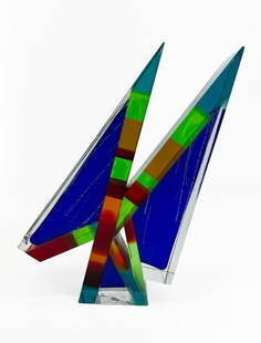 Pavel Hlava (1924-2003) Signed Art Glass Sculpture, 1988: Pavel Hlava (1924-2003) Signed Art Glass Sculpture, 1988. Signed and dated 1988. Crack on lower point and chip on base. Approx. 16.75 in. H x 10.5 in. W x 2.75 in. D. Weight 18.2 lbs.