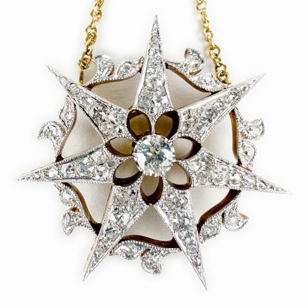 Antique 18K Gold and Platinum, Old European Diamond 7 Point Star Pendant / Brooch (1 of 5)