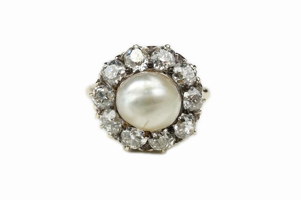 Antique Gold, Pearl, Old Mine Cut Diamond Ring (1 of 5)