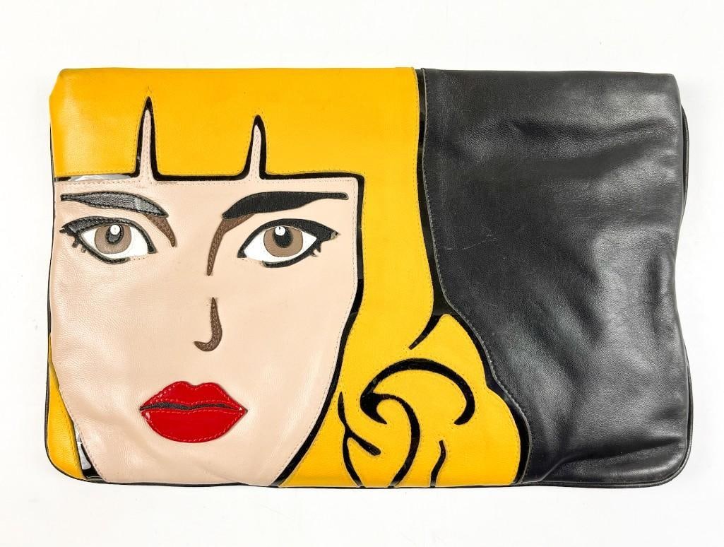 Prada S/S 2014 Limited Edition Pop Girl Face Leather Oversized Clutch Bag: Prada S/S 2014 Limited Edition Pop Girl Face Leather Oversized Clutch Bag. Vintage appliqué Prada S/S 2014 Limited Edition Pop Girl Face Leather Over-sized Clutch Bag. Clutch is approximately 12.25 x