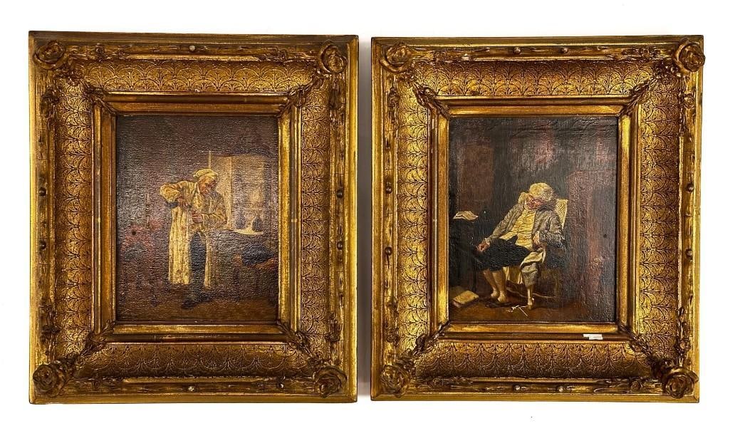 Frederik Lintz (1824-1909) Pair Oil on Panel, Man Pouring Wine Man Sleeping in Chair: Frederik Lintz (1824-1909) Pair Oil on Panel, Man Pouring Wine Man Sleeping in Chair. Signed lower left and lower right. Paintings in good condition. Frames have some small cracks and a small area of