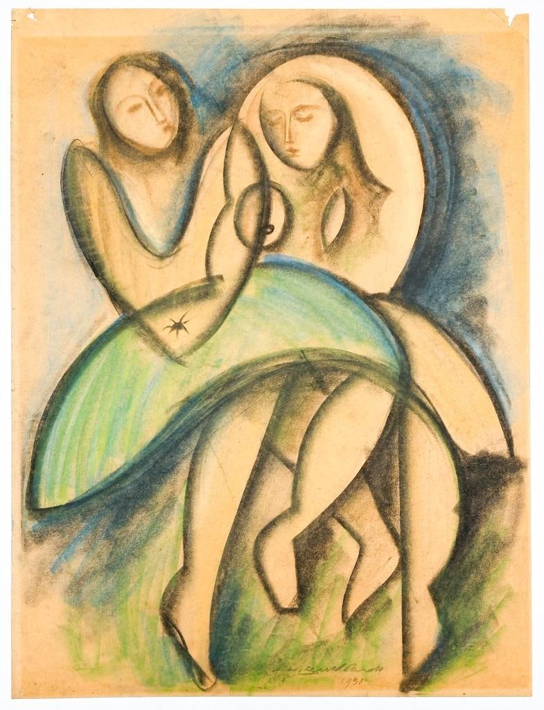 Hans Burkhardt (1904-1994) Signed Pastel and Charcoal on Paper, Two Women 1931: Hans Burkhardt (1904-1994) Signed Pastel and Charcoal on Paper, Two Women 1931. Signed and dated lower right. Wear to edges. Tear upper lift corner. Paper loss upper right corner. Tear upper right are
