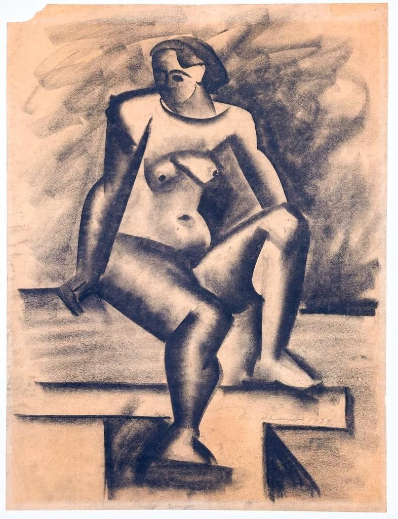 Hans Burkhardt (1904-1994) Signed Charcoal on Paper, Nude 1939: Hans Burkhardt (1904-1994) Signed Charcoal on Paper, Nude 1939. Signed and dated lower right. Hinge mounted top edge to board. Paper loss top left corner. Approx. 24 in. x 18 in. W (paper) 30 in. H x