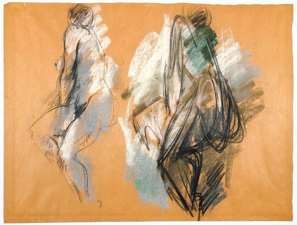 Hans Burkhardt (1904-1994) Charcoal and Pastel on Toned Paper Two Nudes: Hans Burkhardt (1904-1994) Charcoal and Pastel on Toned Paper Two Nudes. Illegible writing lower left. Discoloration to perimeter from previous mat. Pin holes in corners. Repair to top left corner. Ap