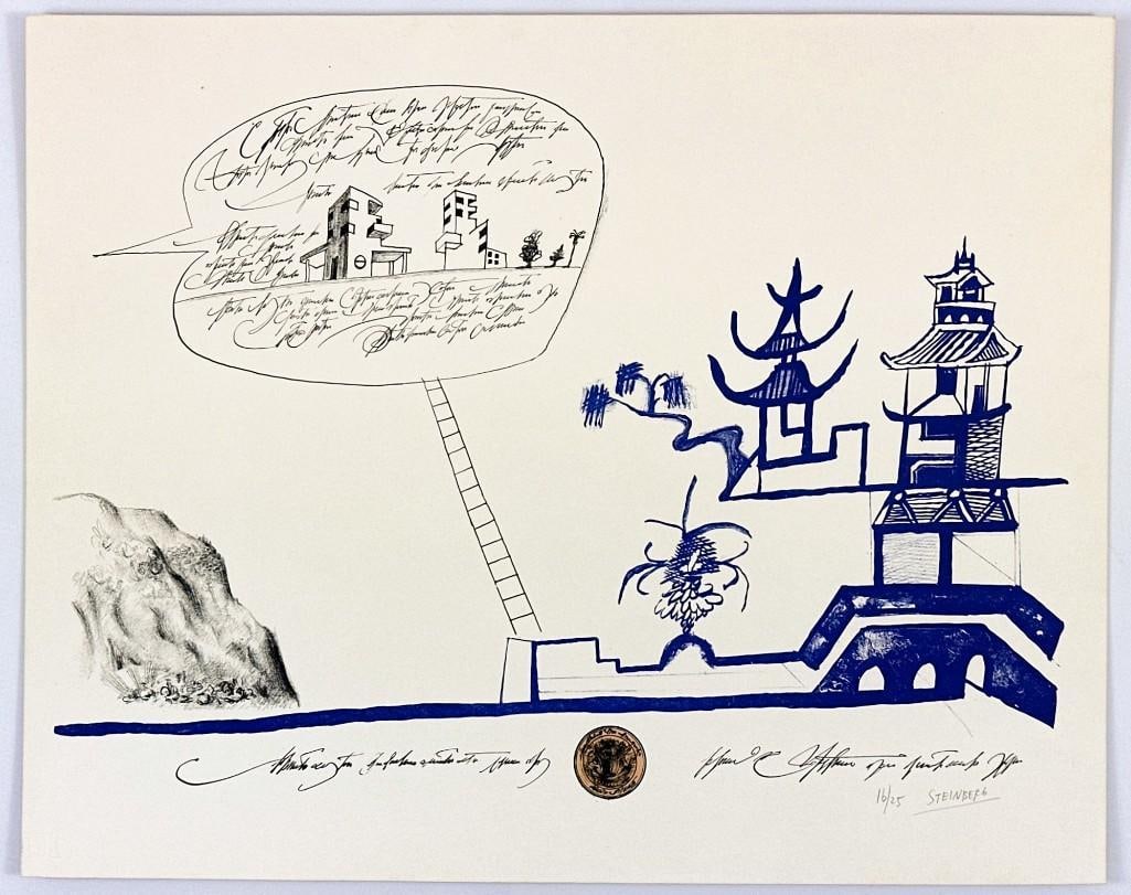 Saul Steinberg (1914-1999) Pencil Signed Lithograph on Paper Ed 16/25 Blue Pagoda 1966 (1 of 3)