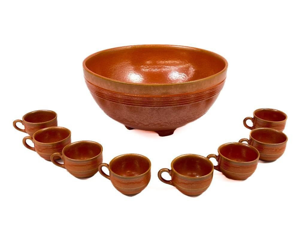 Pacific Hostessware 312 Footed Punch Bowl and 8 Cups: Pacific Hostessware 312 Footed Punch Bowl and 8 Cups. Footed punch bowl with set of 8 serving mugs by Pacific Hostess Ware, #312. 1930's serveware. Set is in excellent condition with the exception