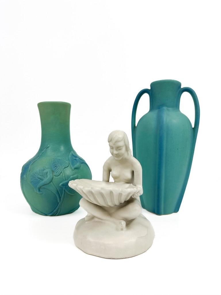 Lot of 3 Van Briggle Art Pottery Turquoise Vases Girl With Shell (1 of 10)