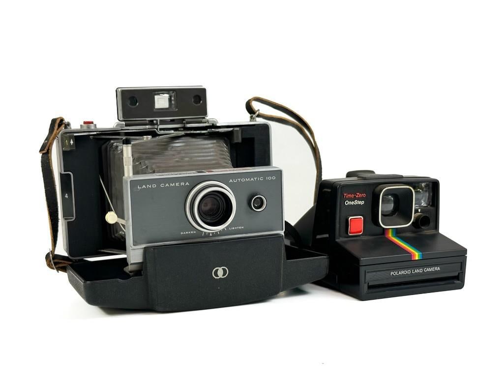 Lot of 2 Polaroid Cameras: Lot of 2 Polaroid Cameras. Includes Automatic 100 Land Camera and Time-Zero OneStep Land Camera. Untested as is. Bellows on Automatic 100 is peeling. Weight: 3.5 lbs.