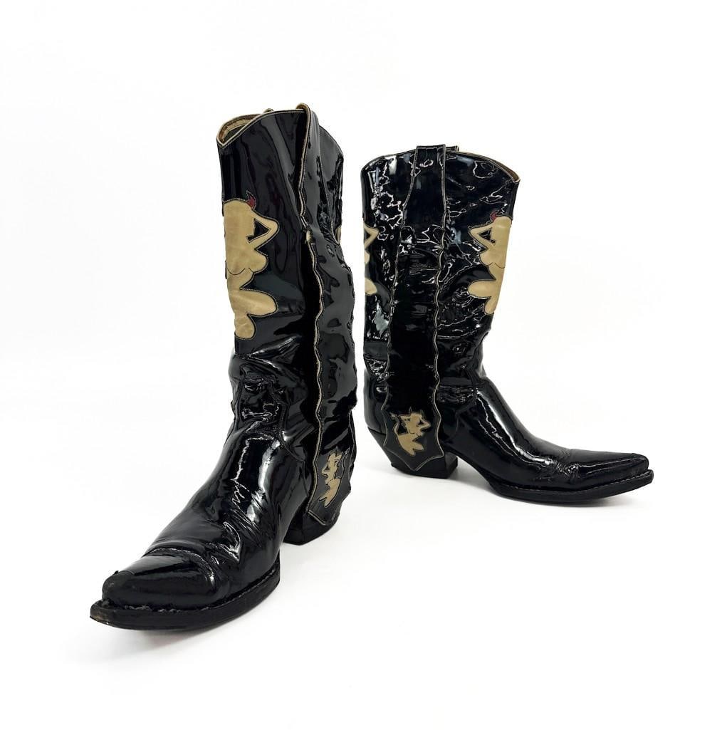 Nick Chavez Collection: Vintage Liberty Patent Leather Cowboy Boots Devil Girl Size 10 1/2 Mens: Nick Chavez Collection: Vintage Liberty Patent Leather Cowboy Boots Devil Girl Size 10 1/2 Mens. Lining has some wear and is detached at top front of right boot. Spots of edge wear on pull straps. Toe