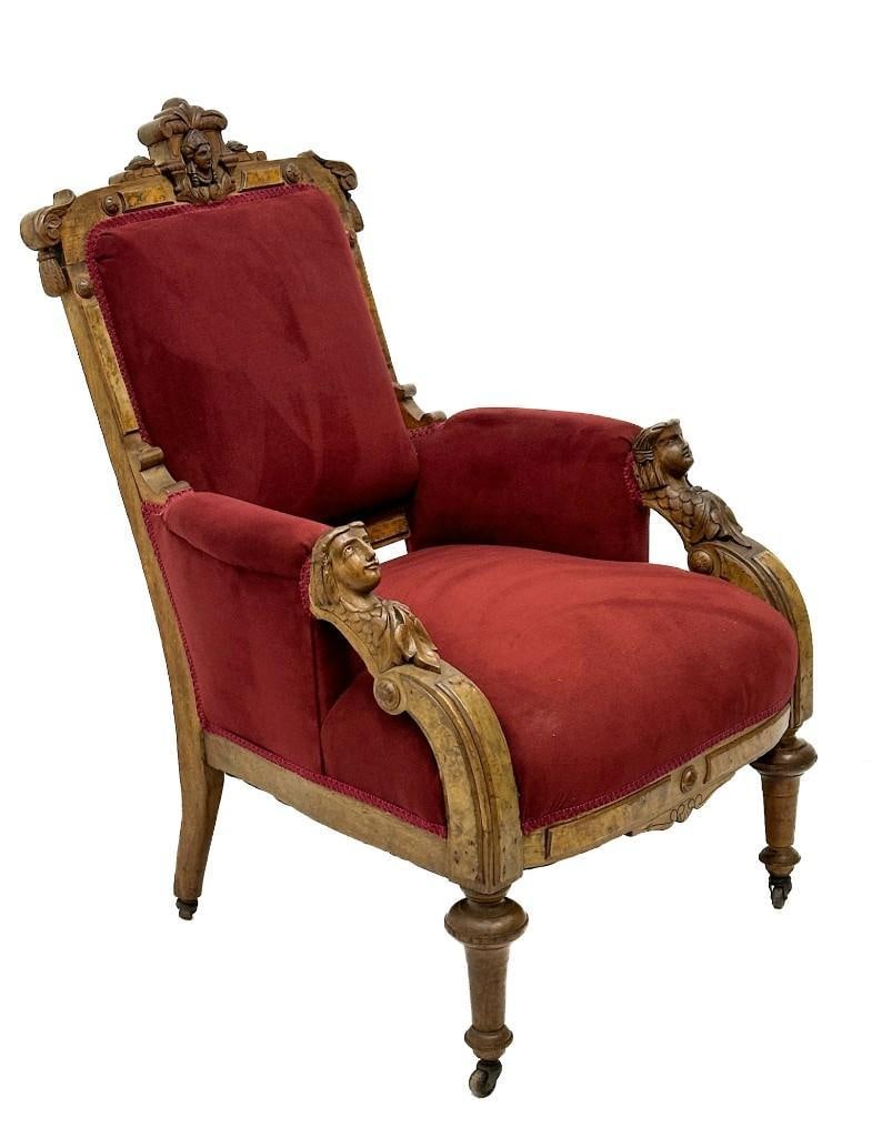 Antique Victorian Armchair w/ Red Velvet Upholstery (1 of 10)