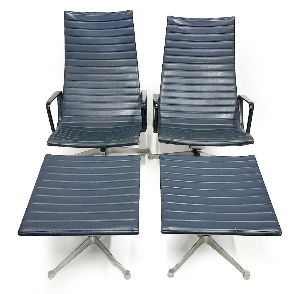 Pair Herman Miller Eames Aluminum Group Lounge Chair and Ottomans 4 pc: Some minor tears in fabrics along corners. Chairs have a tendency to lean back. Herman Miller marking on bottom of all 4 pieces. Approx: chair: 33.75 in H x 25.5 in W x 33 in D, seat: 20 in H; ottoman