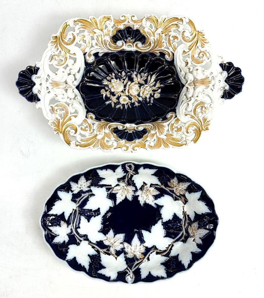 2 Pc Lot Meissen Porcelain Gold and Cobalt Centerpiece Compote Plates (1 of 8)