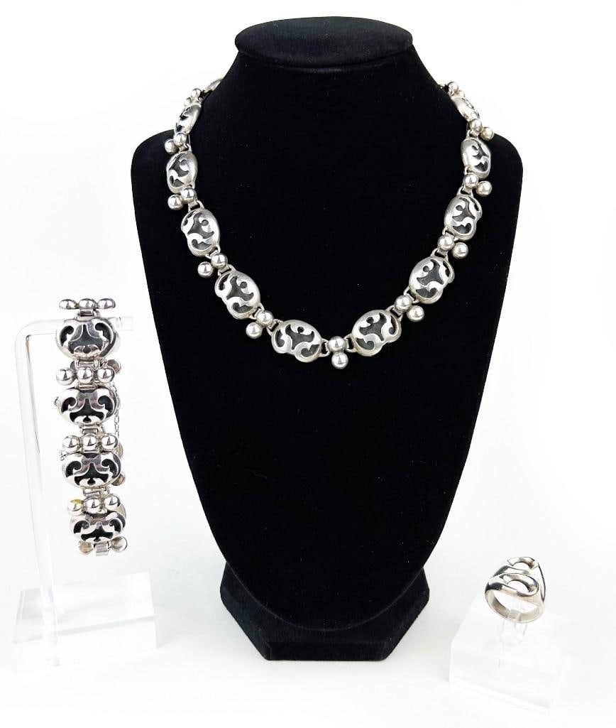 Lot of 3 1940s Taxco Sterling Victoria Ana Maria Nunez de Brilanti Necklace, Bracelet,  Modernist (1 of 11)