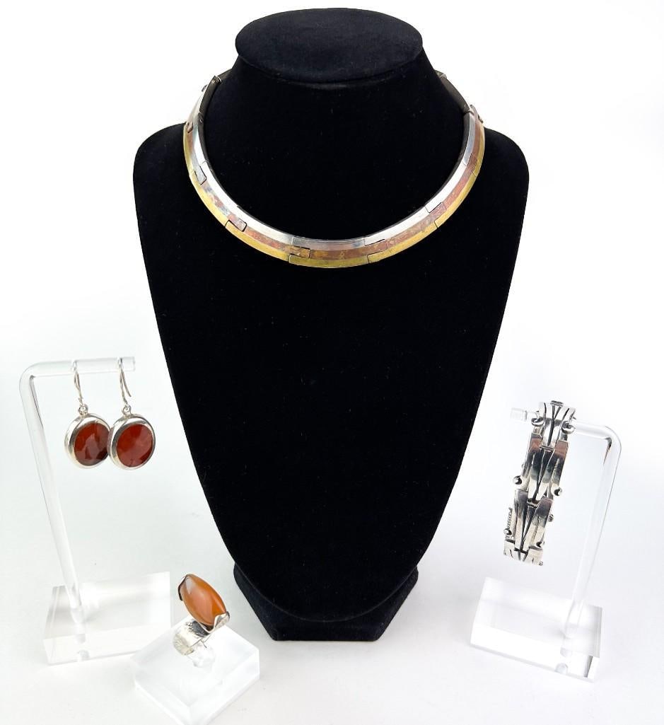 Lot of 4 Vintage Modernist Taxco Sterling Jewelry Castillo Necklace, Ballesteros Bracelet, Ring, (1 of 13)