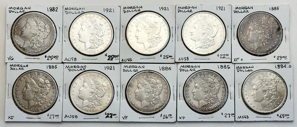 Lot of 10 Morgan Dollars 1882, 1884-O, 1885, 1921 (1 of 5)