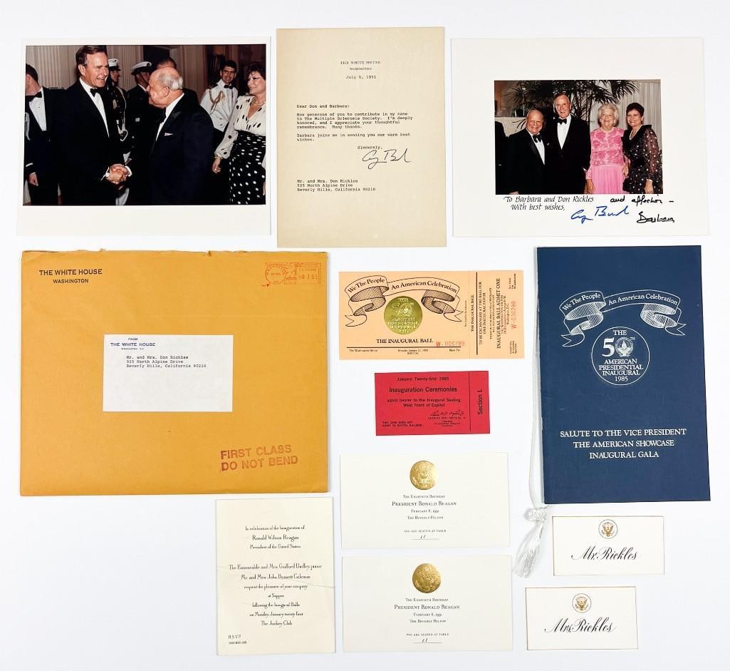 Don Rickles Estate: Lot of Presidential Invitations and Photographs from the Late 20th Century: Lot of Don Rickles Presidential Invitations and Photographs from the late 20th century. Lot includes two color 8 x 10 photographs with George Bush Sr., one of which is signed by George Bush and Barbar