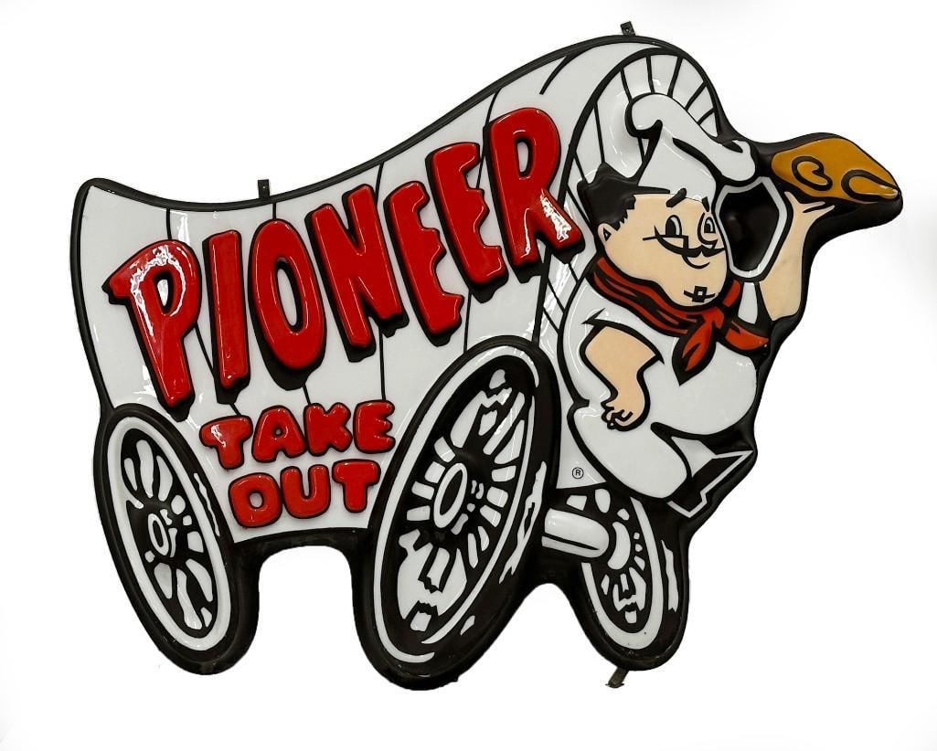 Vintage Pioneer Chicken Sign: Some cracks near bottom that are only visible from the back. Some discoloration on back. Approx: 43 in H x 55 in W x 3.5 in D. Weight: 23 lbs.