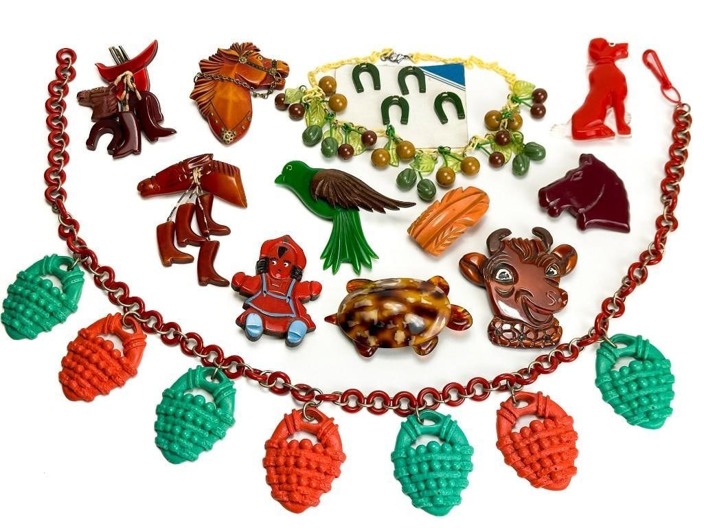 Lot of 14 Vintage Bakelite or Figural Plastic Necklaces and Brooches (1 of 11)