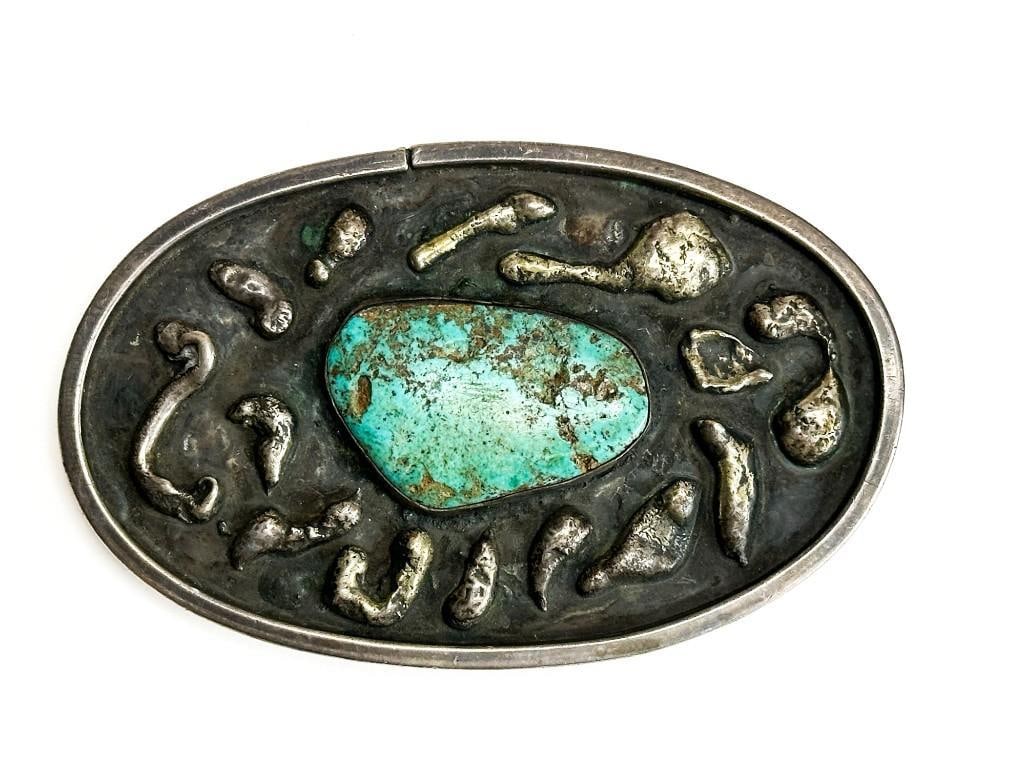 Vintage Native American Silver Turquoise Belt Buckle Signed DW: Vintage Native American Silver Turquoise Belt Buckle Signed DW. Signed DW. Good condition. Approx. 2.75 in. x 4.25 in. 101 grams.