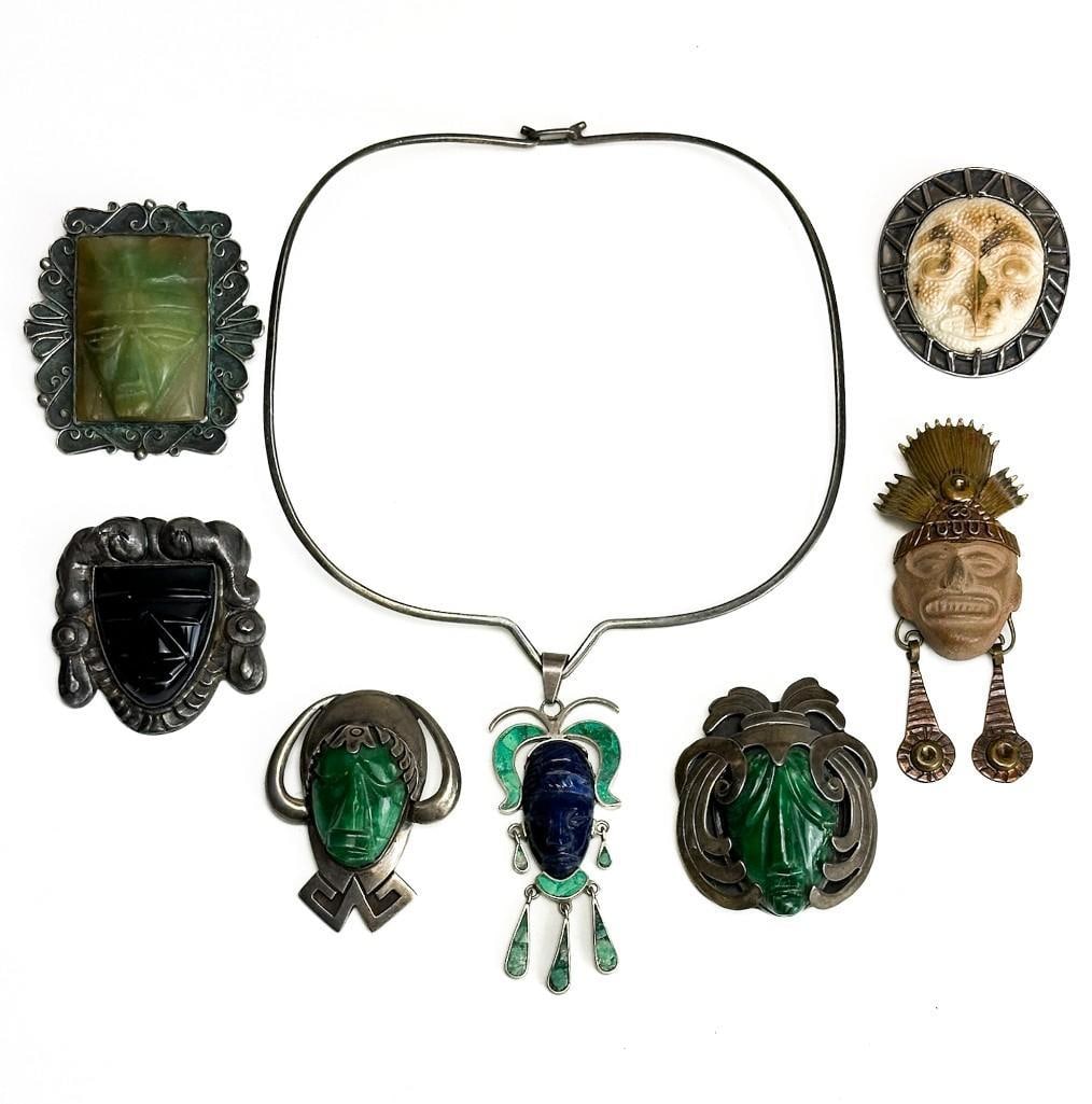 Lot of 7 Mexican Carved Stone Bone and Clay Mask Pins and Pendants: Lot of 7 Mexican Carved Stone Bone and Clay Mask Pins and Pendants. Various makers. Some unmarked. Good condition overall.