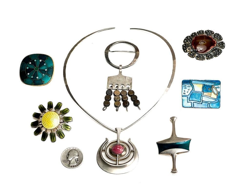 Lot of 7 Mid Century Scandinavian Designer Pins, Brooches, and Collar Necklace (1 of 15)