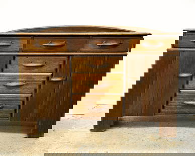 Brown Saltman Monte-Ceito Sideboard Hutch: Brown Saltman Monte-Ceito Sideboard Hutch. Hard-to-find. Beautiful patina throughout Minor surface scuffs present. Light chipping on handle. Water rings on top. Missing on ornamental trim piece on top