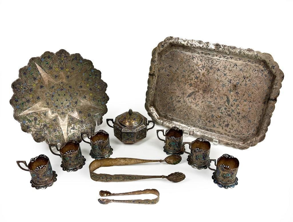 Lot of 11 Persian/ Iranian Safavid Era Tea Service, Repousse Silver and Polychrome Enamel (1 of 20)