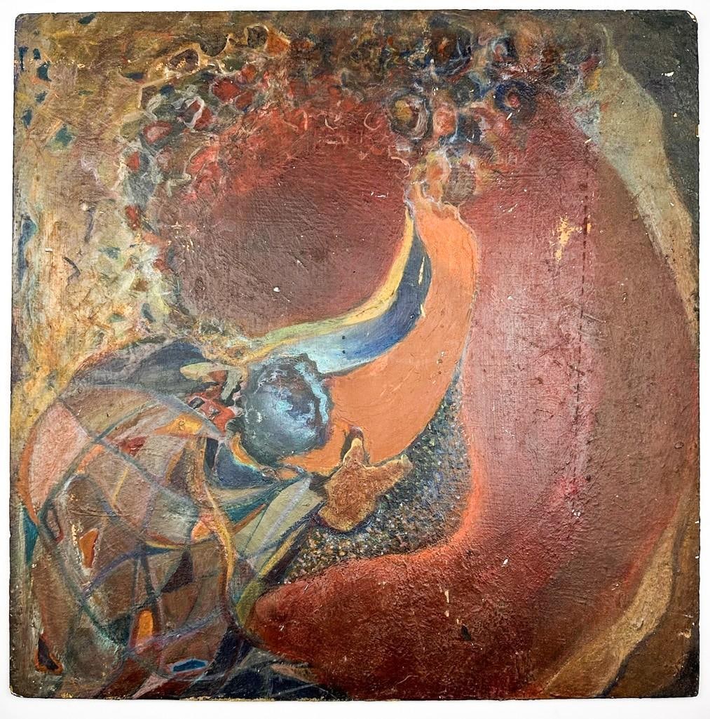 Artist Unknown, Oil on Masonite, Earthy Abstract Painting: Artist Unknown, Oil on Masonite, Earthy Abstract Painting. Painting depicts abstract swaths of earthy tones on Masonite. Piece is in used vintage condition. Some corners and edges are dinged. Various