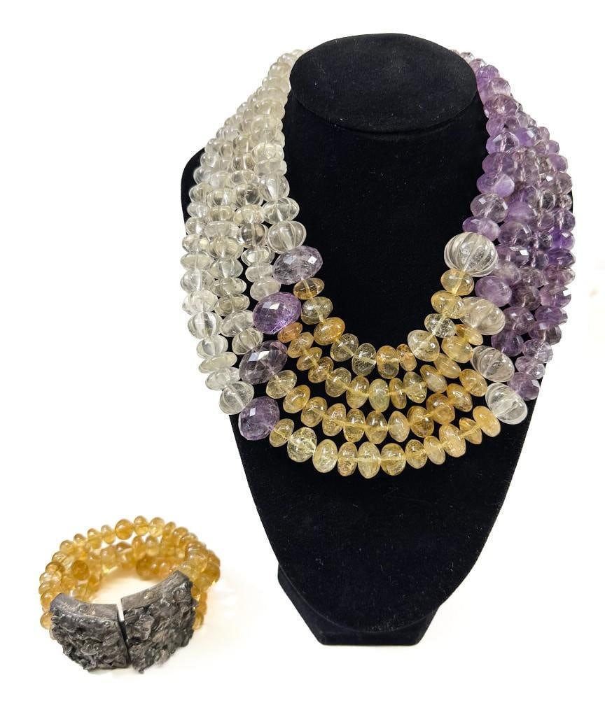 Nick Chavez Collection: Set Bracelet and Necklace with Heavy Silver Clasp, Citrine, Amethyst: Nick Chavez Collection: Set Bracelet and Necklace with Heavy Silver Clasp, Citrine, Amethyst. Heavy silver matching clasps on this citrine bread bracelet and four-strand necklace. Clasp function, good