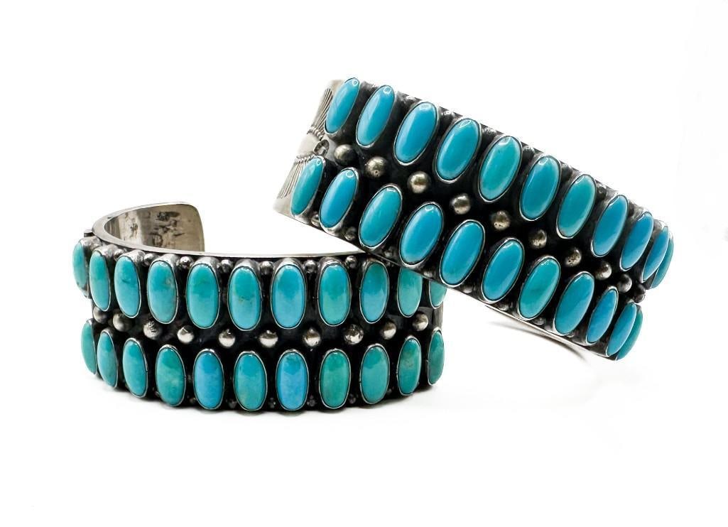 Nick Chavez Collection: Pair Heavy Navajo Silver Turquoise Double Row Cuff Bracelets: Nick Chavez Collection: Pair Heavy Navajo Silver Turquoise Double Row Cuff Bracelets. Handsome pair of heavy silver bracelets with gorgeous imprint design. Approx. 2.5 x 2 x 1 in. face. Overall weight